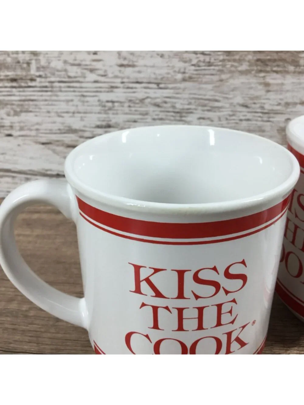 Kiss The Cook Red White Ceramic Coffee Mugs Set Of 2 Farmhouse Kitchen Drinkware